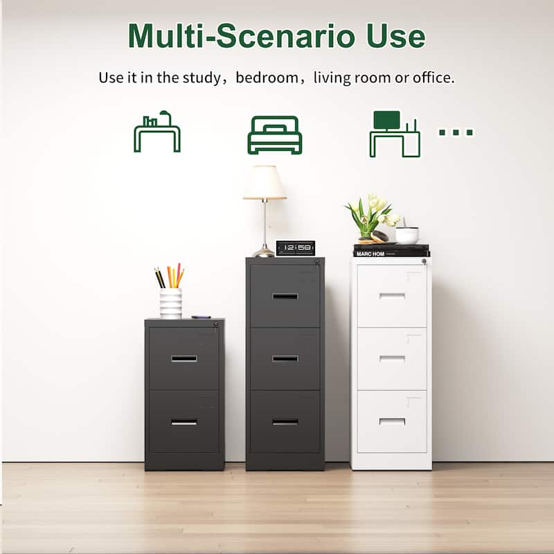 Modern Narrow File Cabinet Vertical Filing Cabinet with 3 Drawers, Locks and Card Slots, for Home Office, White