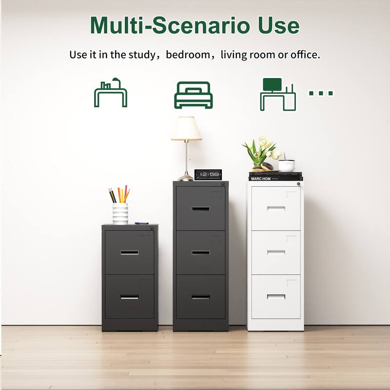 Modern Narrow Vertical Filing Cabinet with 2 Drawers Anti-Tilt Device, Locks and Card Slots, for Home Office