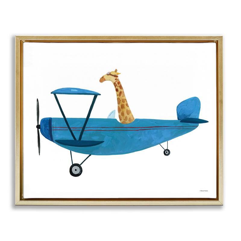 Stupell Giraffe Pilot in Airplane Framed Floater Canvas Wall Art Design by Rachel Nieman - 31 x 25 - Gold