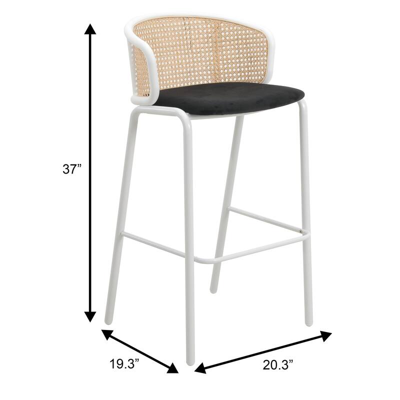 Ervilla Mid-Century Modern Low-Back Wicker Bar Stool with White Powder Coated Steel Frame and Soft Fabric Seat Counter Chair
