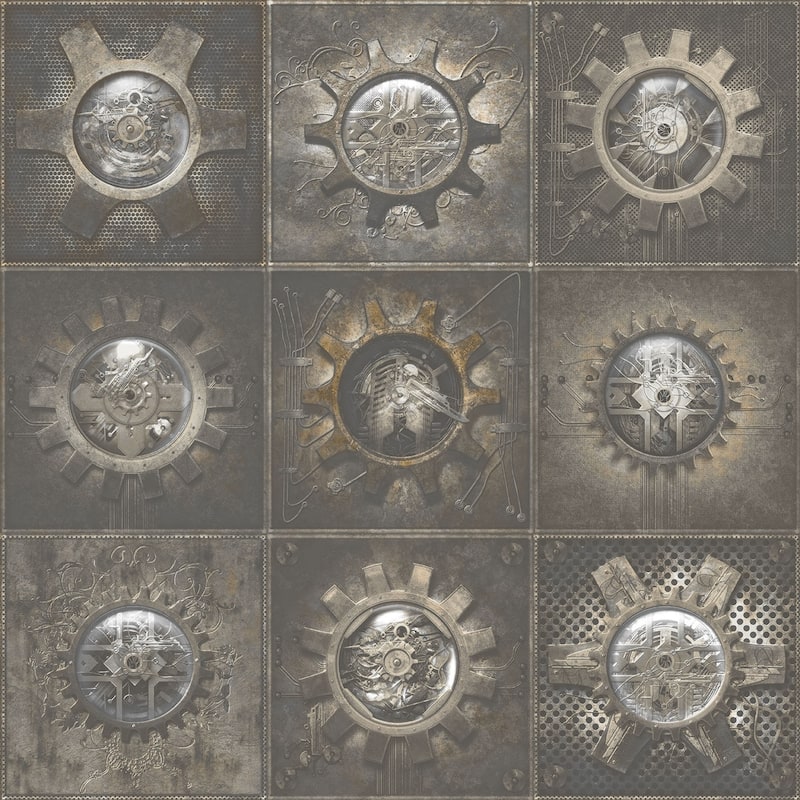 Galerie Wallcoverings Nostalgie Collection Industrial Tiles Non-woven Metallic Wallpaper Roll - 33 feet x 21 inches - Gold