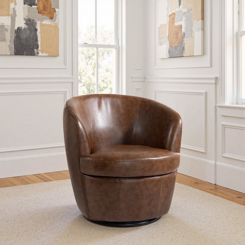 Modern Swivel Leather Accent Chair Upholstered Barrel Chair - Coffee