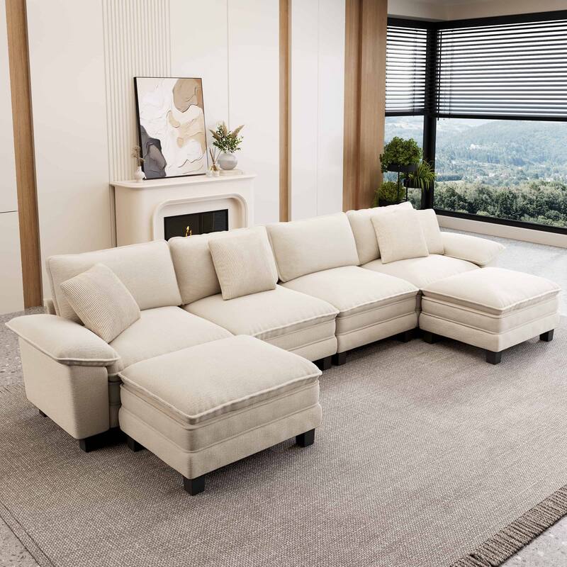 MAISON ARTS Modular Cloud Sectional Sofa, Comfy L- or U-Shaped Couch with Ottomans & Pillows, 4–6 Seat Living Room Sofa - Beige Chenille(6 Pieces) - Symmetrical