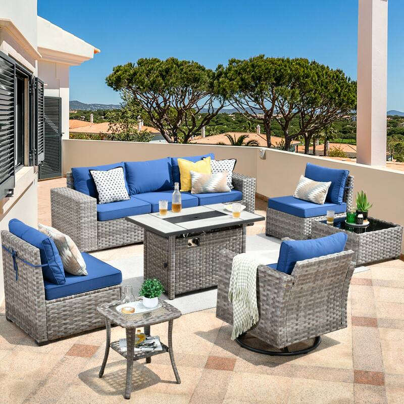 HOOOWOOO 9-piece Wicker Outdoor Modular Wide Armrest Sectional Set Fire Pit Set - Navy Blue