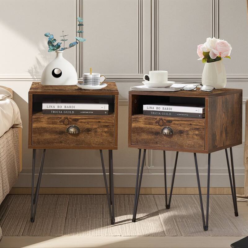 Javlergo Set of 2 Nightstand with Open Compartment & Drawer - Brown