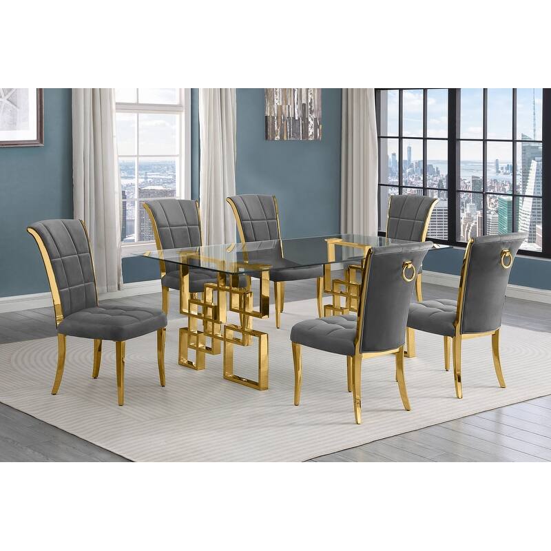Best Quality Furniture D221/2-SC320-7 Dining Set with 12mm Tempered Glass - 7-Piece - Dark Grey with Gold