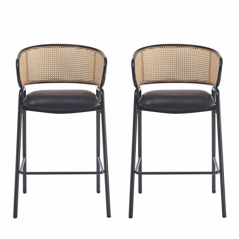Ethan Upholstered Metal Bar Stools with Faux Leather Seat and Rattan Back, Set of 2