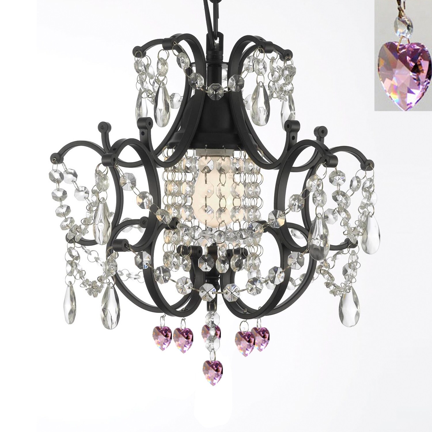 Wrought Iron Crystal Mini Chandelier Lighting With Pink Crystal *Hearts*H14 x W11 - Chandeliers For Bedrooms by Overstock.com