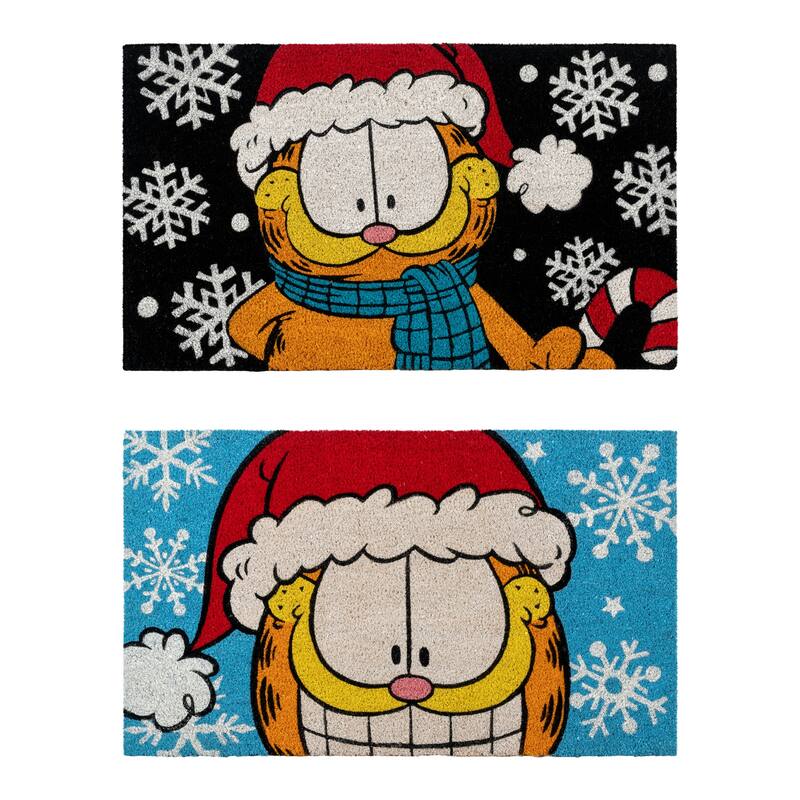 Licensed Paramount Garfield Santa Hat and Snowflakes Coir Door Mats, 2PK