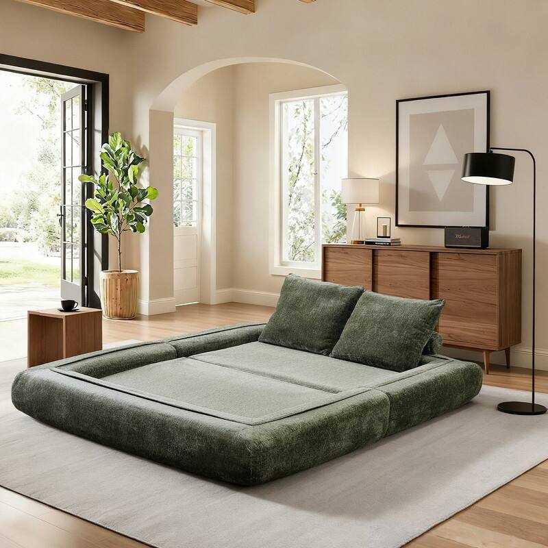 Modern Chenille Convertible Sofa Bed Queen Size Split Back Design