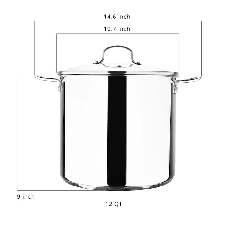 Bergner Essentials Stainless Steel Stock Pot with Tempered Glass Lid 12-Quart Pot