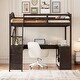 preview thumbnail 2 of 16, Full Size Solid Wood Loft Bed with U-shaped Desk & Storage Compartments, Space Saving Bedframe with Tri-fold Mirror, Espresso