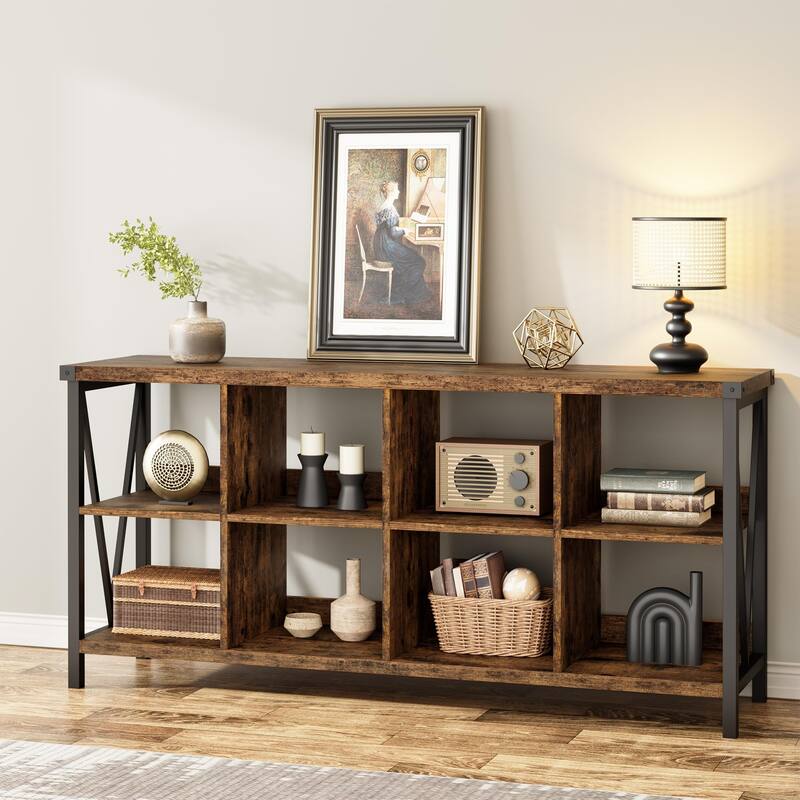 62 Inch Metal Horizontal Bookcase, 3 Tier 8 Cube Storage Organizer Bookshelf, Long Low Storage Shelf for Living Room - brown