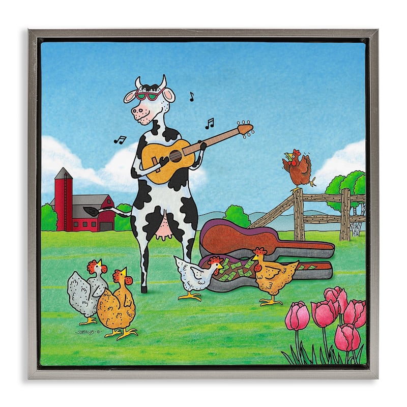 Stupell Busking Cow with Audience Framed Floater Canvas Wall Art Design By Roger Straub - 25 x 25 - Grey