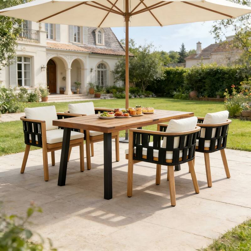 Christopher Knight Home - Della Modern Coastal Outdoor & Indoor Acacia Wood and Rope Dining Set with Cushions & Flat Rope