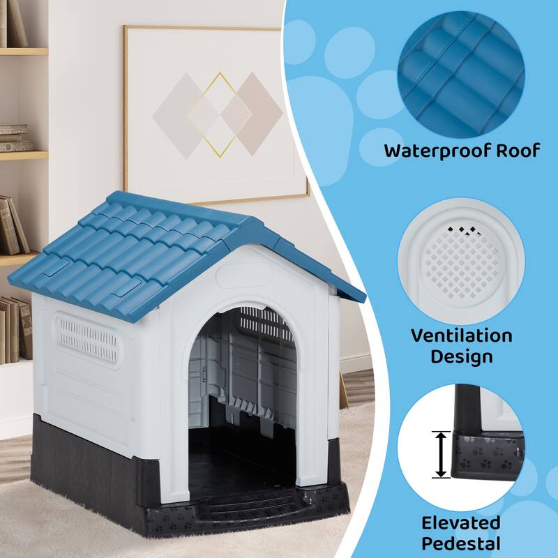 Plastic Dog House with Air Vents, Elevated Floor, Insulated Outdoor Indoor Kennel for Small Dogs