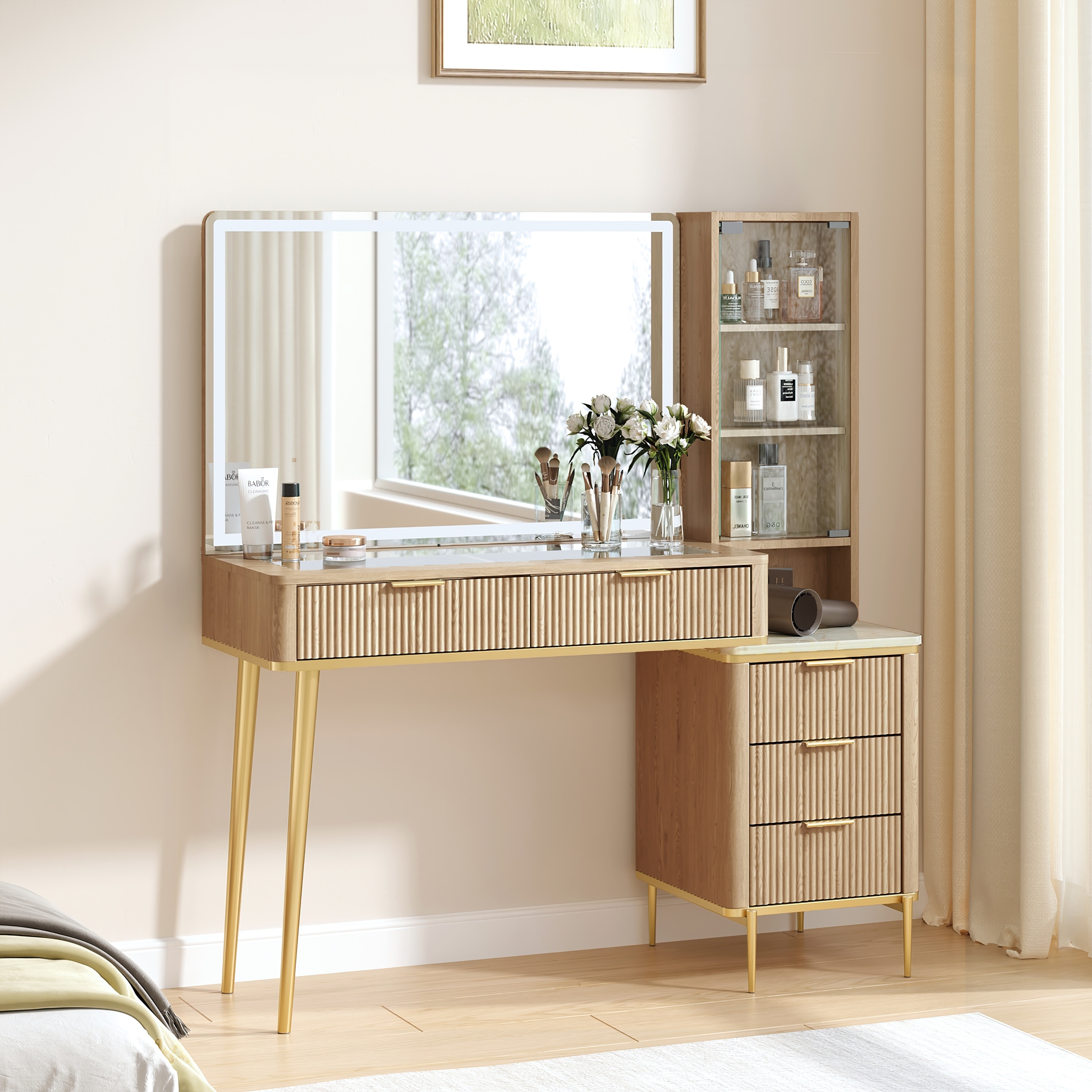 Modern Fluted Makeup Vanity Desk with Lighted Mirror, Dressing Table