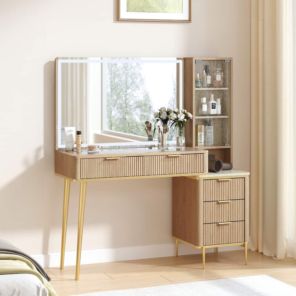 Modern Fluted Makeup Vanity Desk with Lighted Mirror, Dressing Table