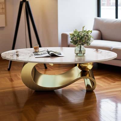 49.2" Oval Faux Marble Coffee Table with Stainless Steel Base, Modern Contemporary Center Accent Table