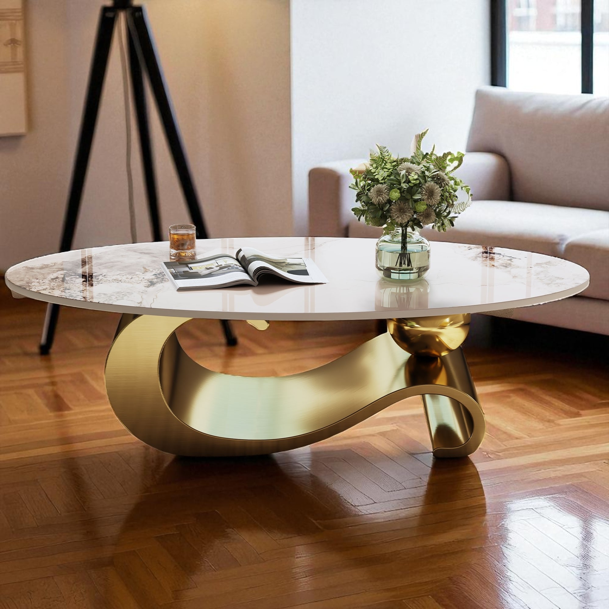 49.2" Oval Faux Marble Coffee Table with Stainless Steel Base, Modern Contemporary Center Accent Table