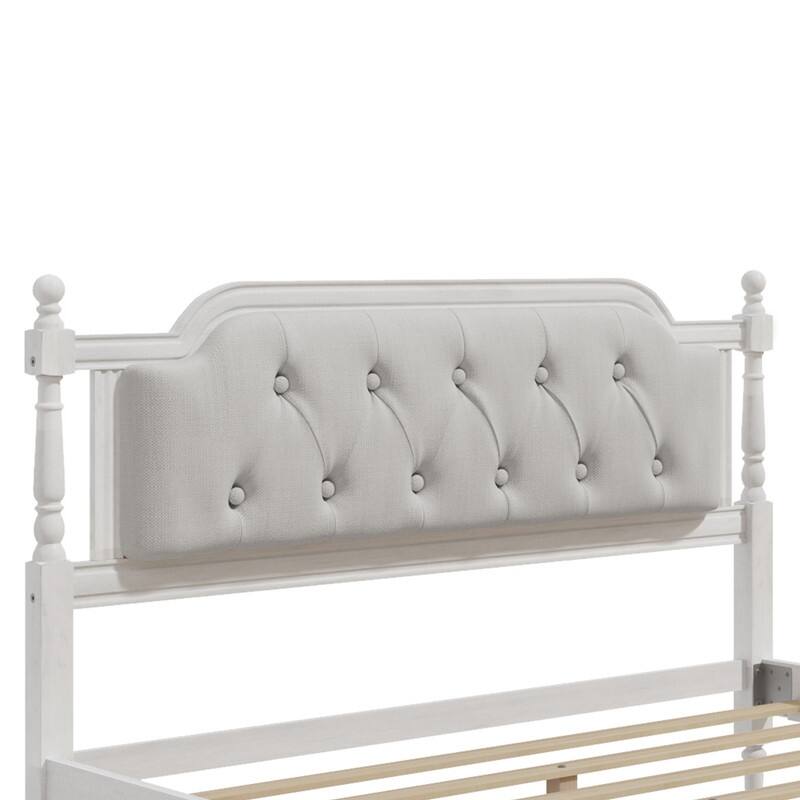 Traditional Style Solid Wood Bed Frame with Upholstered Tufted Headboard,No Box Spring Needed
