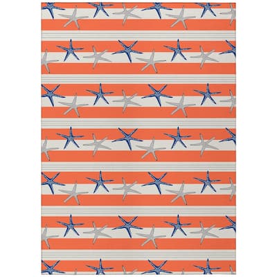 Indoor/ Outdoor Surfside Starfish Stripes Washable Rug New