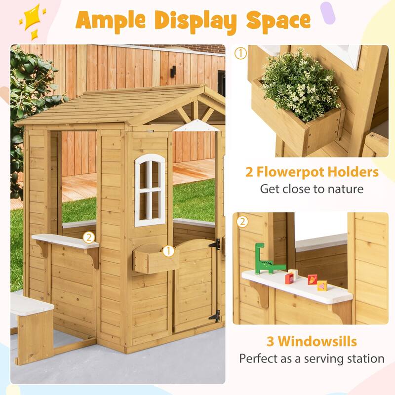 Gymax Wood Playhouse for Kids Outdoor Adventures Cottage w/ Bench Play