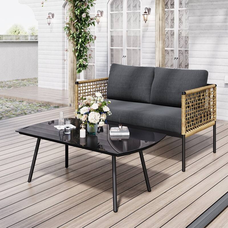 4-piece Waterproof Fabric Sofa Set (2+1+1) with PE Woven & Marble Table