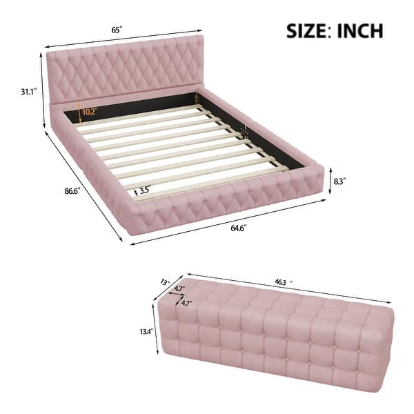 dimension image slide 0 of 2, 2-Pieces Bedroom Sets, Queen Size Velvet Platform Bed Frame Tufted Upholstered Bed with Rectangular Upholstered Ottoman