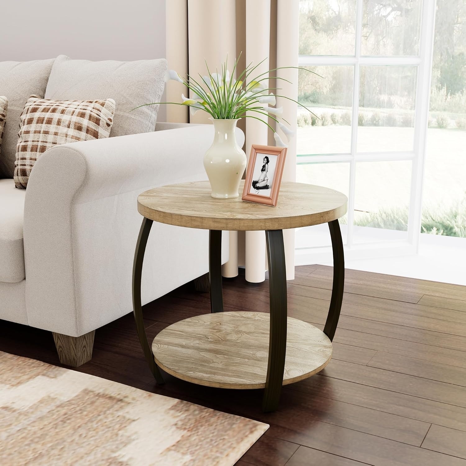 2-Tier Solid Wood Round End Table, Curved Metal Legs, Natural Wood Color