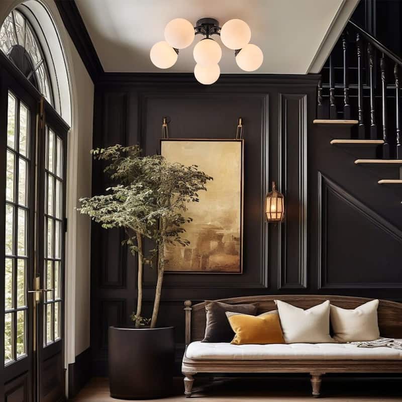 Milky Glass Globe Brass Sputnik Bubble Ceiling Light - 30in Chandelier