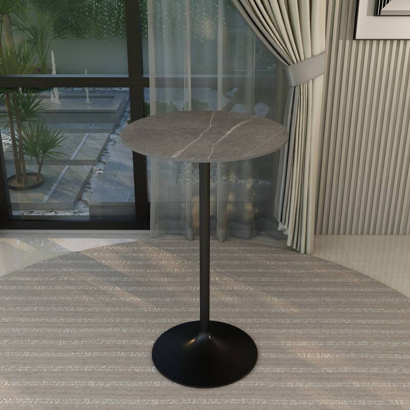 LeisureMod Verve 27" Bar Height Dining Table with Sintered Stone Round Top in Black Pedestal Base