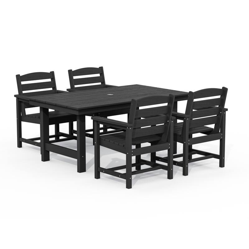 5-Piece HDPE Outdoor Dining Table Sets with Umbrella Hole - 1-Table 4-Chairs - Black