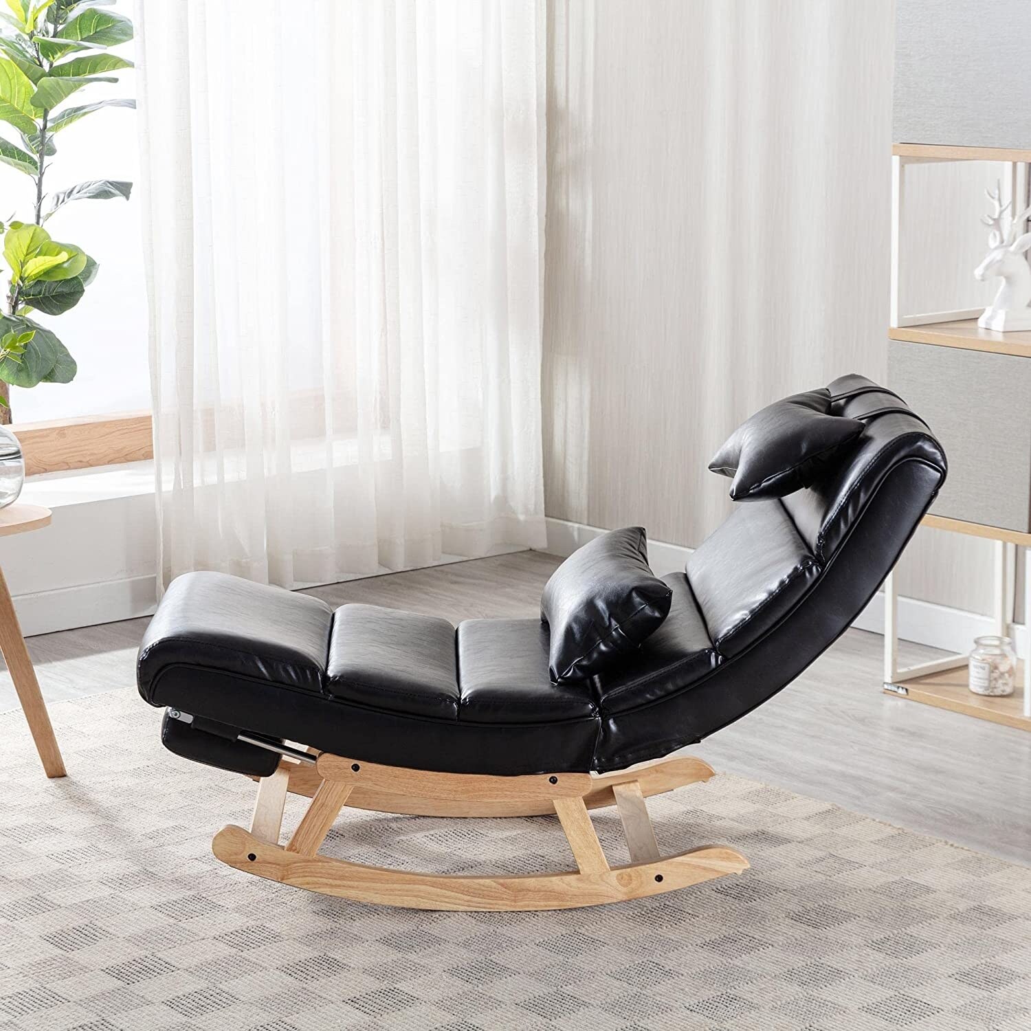 Ergonomic Rocking Chair with High Backrest and Cozy Armrest Black PU
