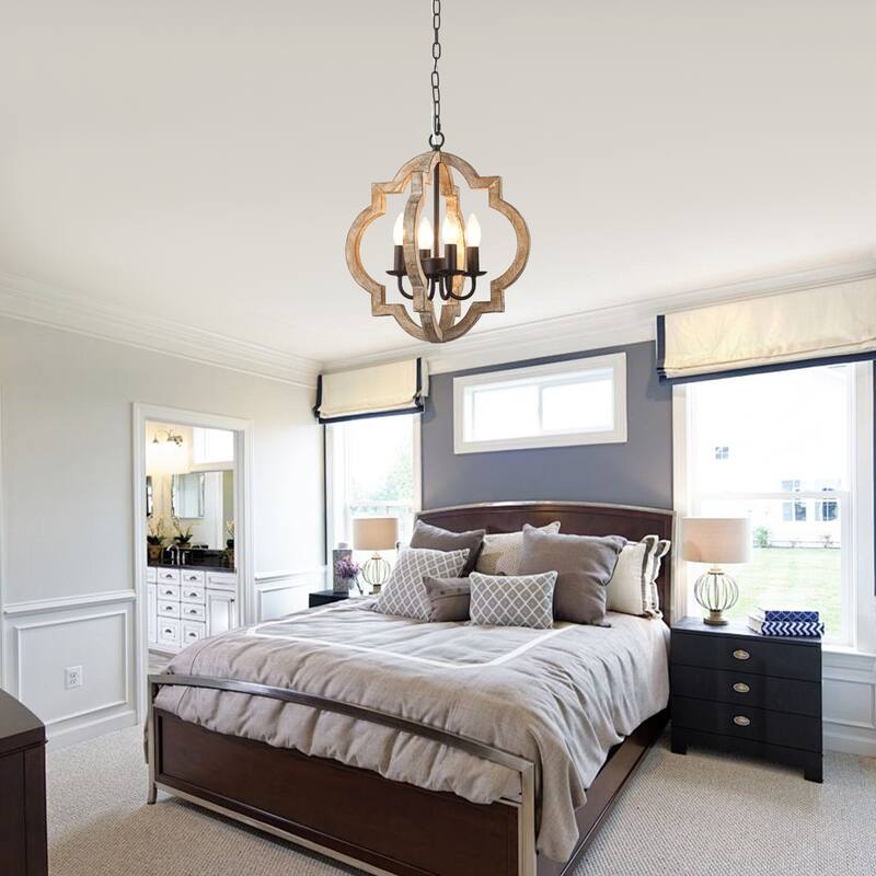 Cusp Barn 4-Light Wood Farmhouse Chandelier, Rustic Dining Room Light Fixture Over Table, Vintage Hanging Pendant Light