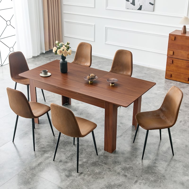 Modern Expandable Walnut Dining Table with Double Drop Leaves Space Saving Rectangular Kitchen Table for Small or Large Spaces