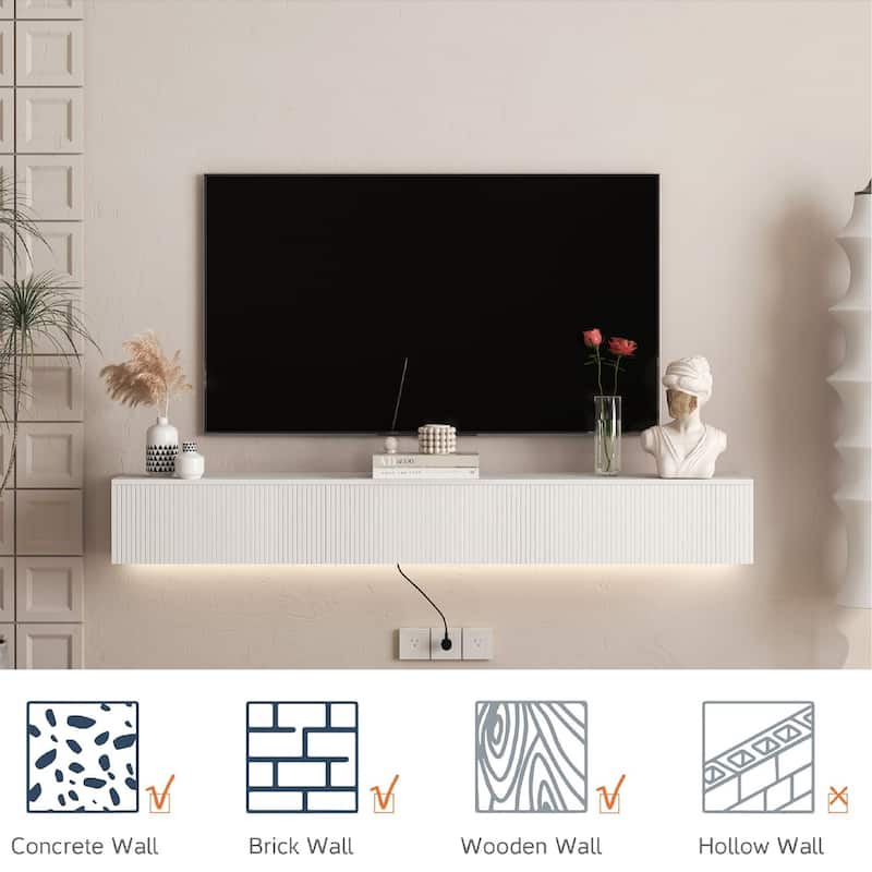 Floating TV Stand with 16 Color LED Lights, Wall Mounted TV Console Table Entertainment Center for 55 60 65 Inch TV - White