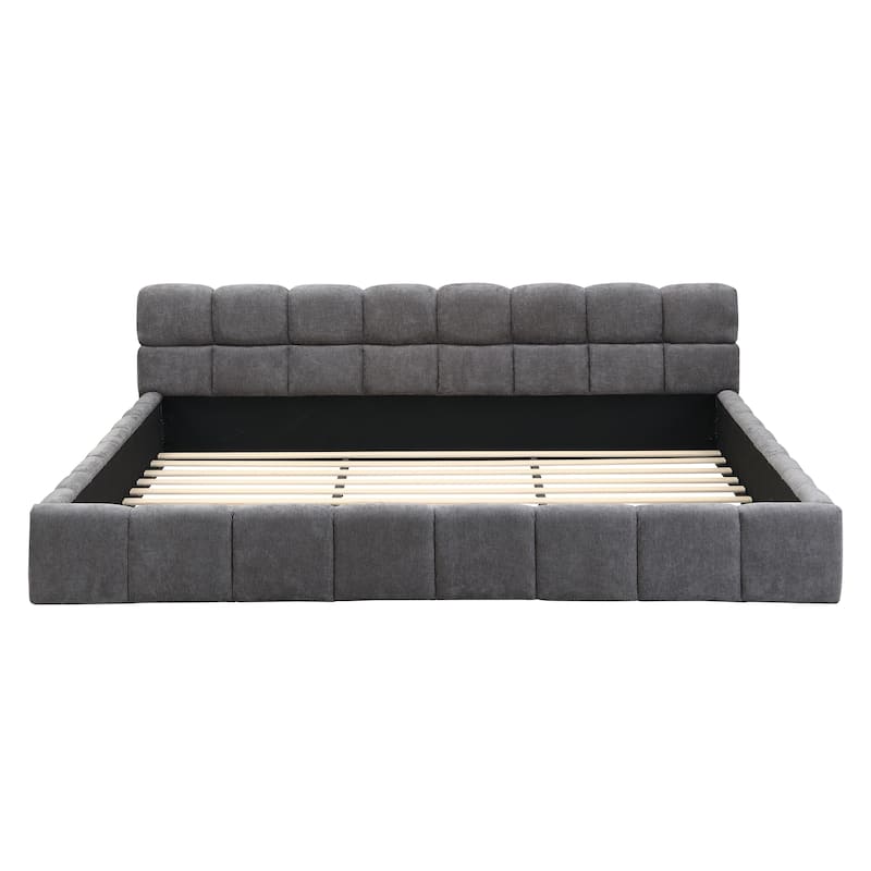 Grounded Bed Frame, Chenille Upholstered Platform Bed with Checkerboard Design, Stylish Bedroom Low Bed for Adults