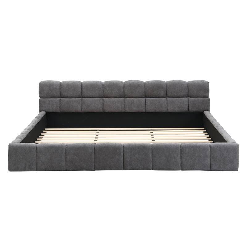 Upholstered Platform Bed Frame Chenille Fabric Bed with Checkerboard Design Thick Headboard, Low Profile Beds for Bedroom, Gray