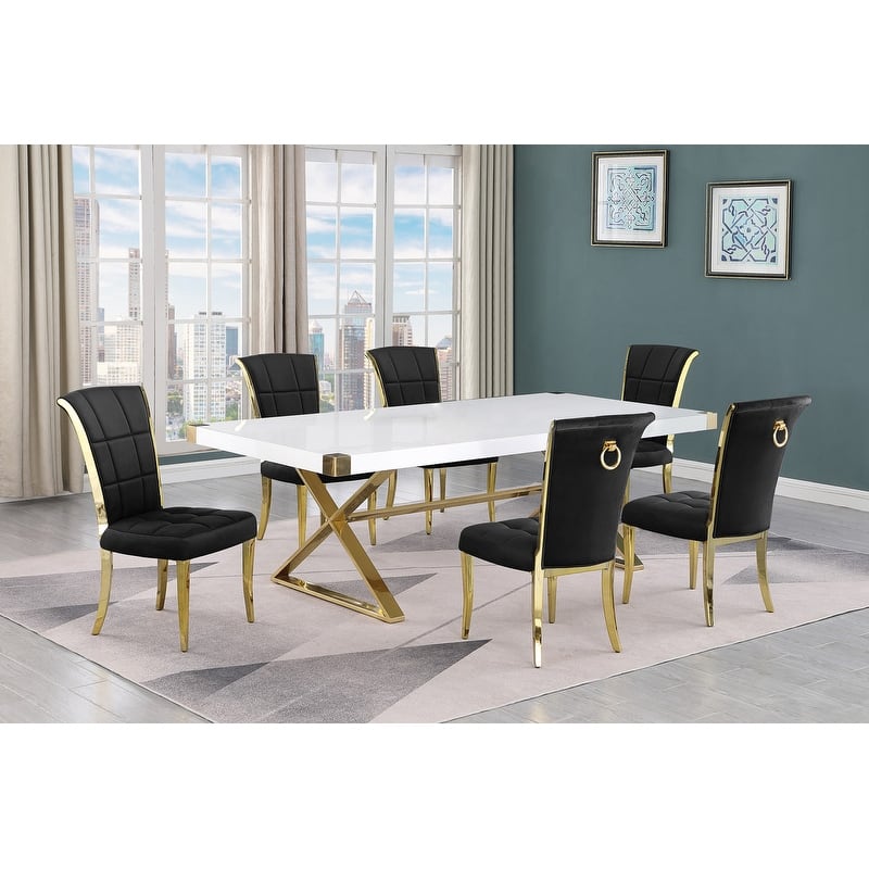 Best Quality Furniture D442/3-SC320-7 Dining Set with 94" White Lacquer Wood Top - 7-Piece - Black / Gold