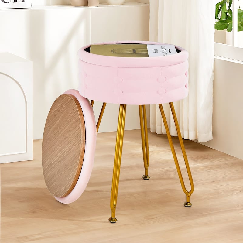 VECELO 18.5"H Multi-Functional Velvet Vanity Stool Tufted Small Vanity Chair with Metal Legs Convertible Storage End Table