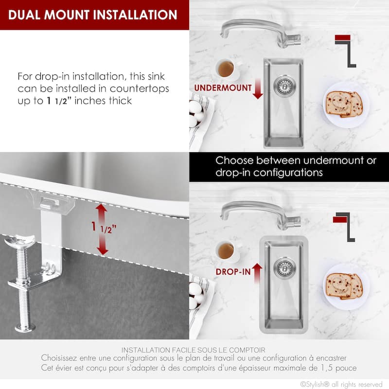 STYLISH 9 inches L x 18 inches W Dualmount Single Bowl 18 Gauge Bar Sink with Grid and Strainer