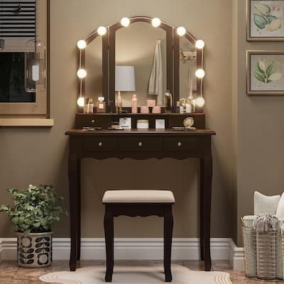 Vanity Desk Set Makeup Vanity Lighted Tri-fold Mirror and Stool