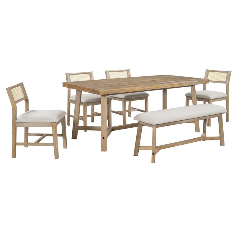6-piece Retro Dining Set with Table,4 Upholstered Chair and Bench