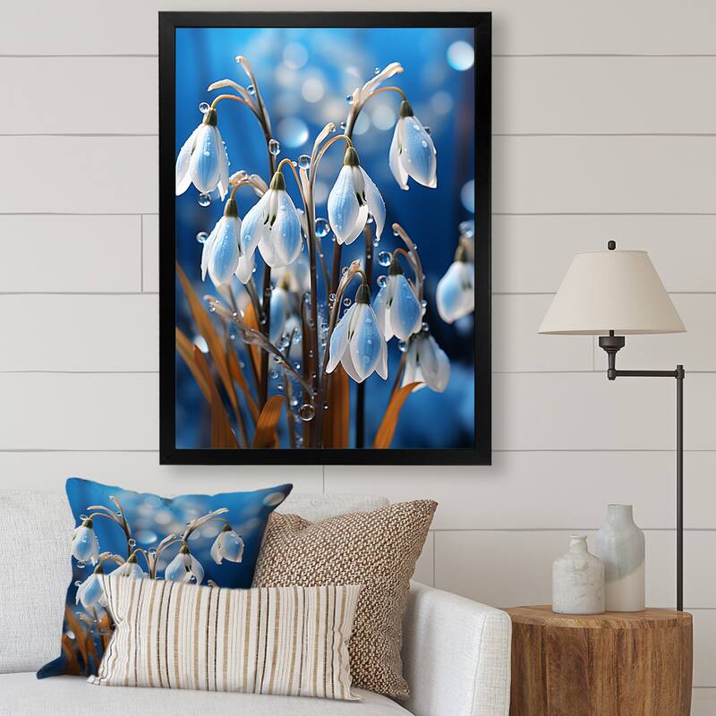 Designart "Winter Snowdrop Flower Photography I" Snowdrops Framed Wall Art Living Room - 16 in. wide x 32 in. high - Black
