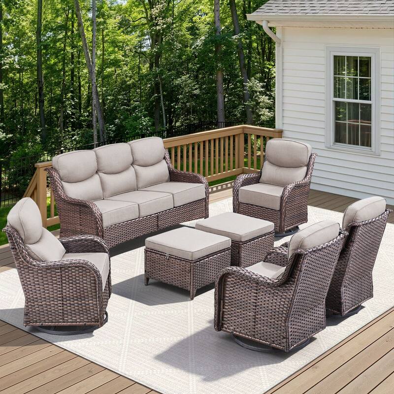 Arcadia 7-Piece Wicker Patio Conversation Set with Swivel Gliders and 6-Inch Thick Olefin Cushions
