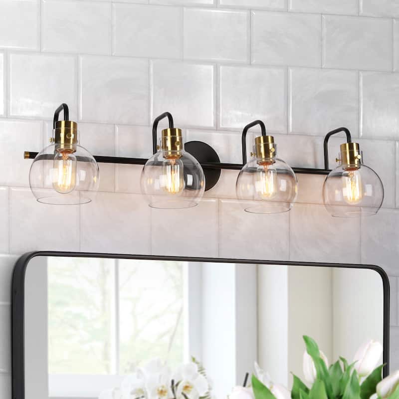 Modern Black Gold 4-Light Linear Bathroom Vanity Lights Globe Glass Wall Sconces - 32" L x 8" W x 8.5" H
