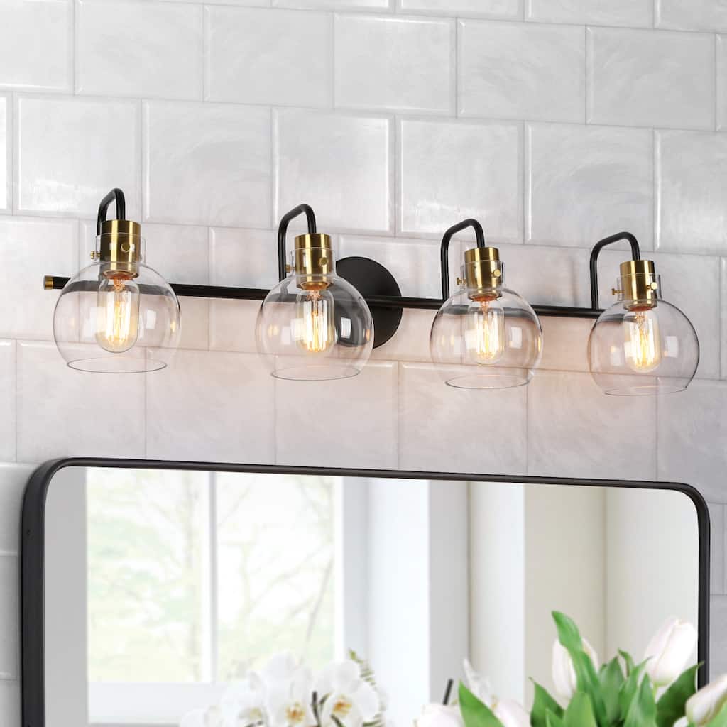 Modern Black Gold 4-Light Linear Bathroom Vanity Lights Globe Glass Wall Sconces - 32" L x 8" W x 8.5" H