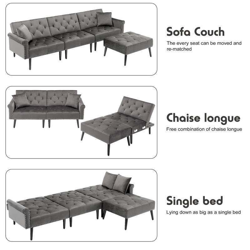 Convertible Velvet Sofa Couch, Sectional Sofa with Ottoman, Mid-Century Futon Sofa Bed - 32"D x 100.7"W x 29.9"H