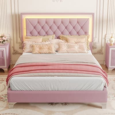 Modern Velvet Platform Bed with Tufted Headboard